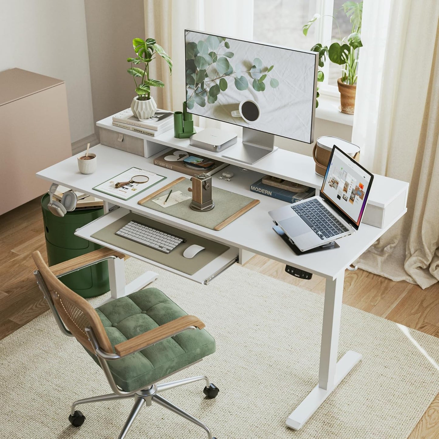 Agilestic Electric Standing Desk with 2 Drawers and Keyboard Tray, 55 x 24 Inches Ergonomic Adjustable Height Desk with Storage, Sit Stand up Desk Computer Workstation, White