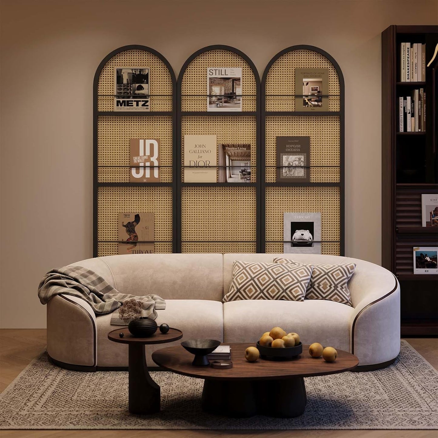 Rattan Room Divider with Built-in Bookshelf | Foldable Privacy Screen & Portable Partition for Home Office, Bedroom, Reading Nook | Wooden Frame, Freestanding Design (Black-Rattan)