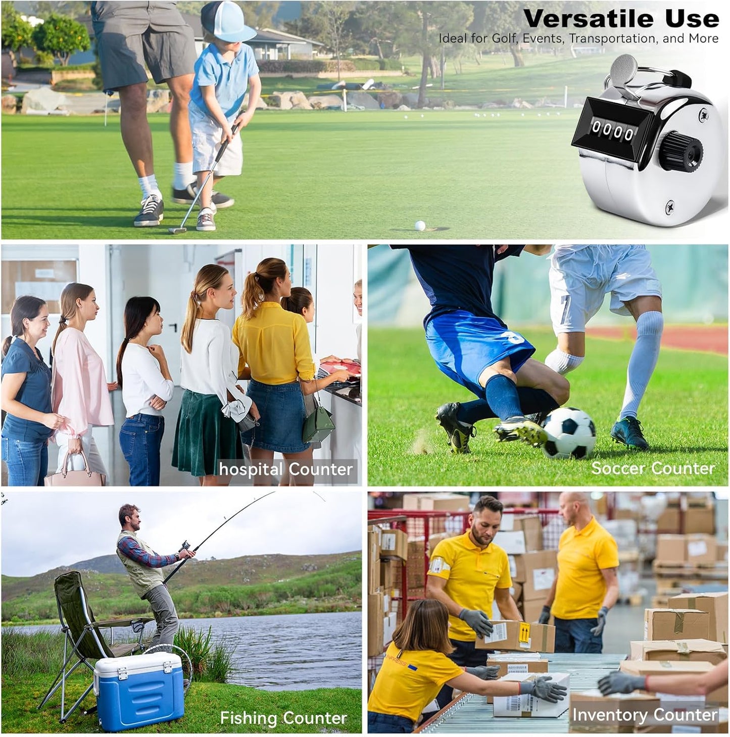 Clicker Counter, Metal Hand Tally Counter Clicker with 4 Digit Display, Pitch Counter for Golf Stroke, Baseball, Coaching, Knitting, Lap, Row Sport, Silver