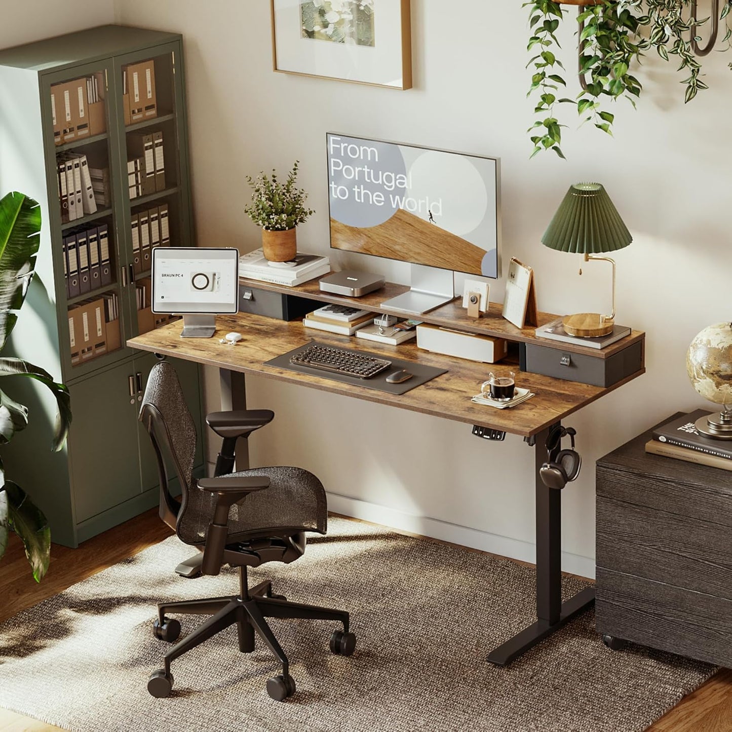 Agilestic Electric Standing Desk with 2 Drawers, 48 x 23 Inches Height Adjustable Desk, 2 Fabric Drawers, Rustic Brown