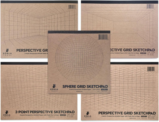 KOALA TOOLS Perspective Grid 9" x 12" Sketchpad Set, 5 Styles: 1-Point, 2-Point, 2-Point (Room Grid), 3-Point and Sphere Grid