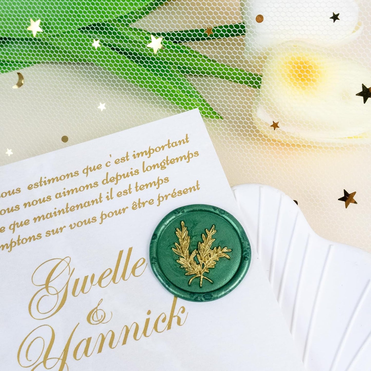 25Pcs Gold & Green Wax Seal Stickers - Handmade Envelope Seals, Self-Adhesive Wax Stickers for Wedding Party Invitations, Envelope, Gift Wrap, Christmas (Gold Rosemary Style, Green)