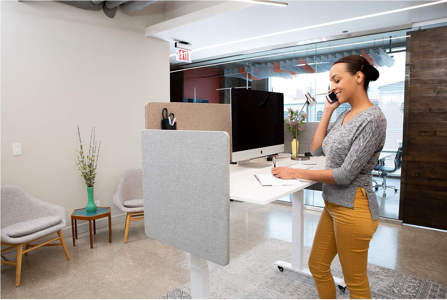 Stand Up Desk Store ReFocus Clamp-on Acoustic Desk Divider Privacy Panel That Reduces Noise and Visual Distractions (Cool Gray, 47.25" x 23.6", 23.6" x 23.6", & 23.6" x 23.6")