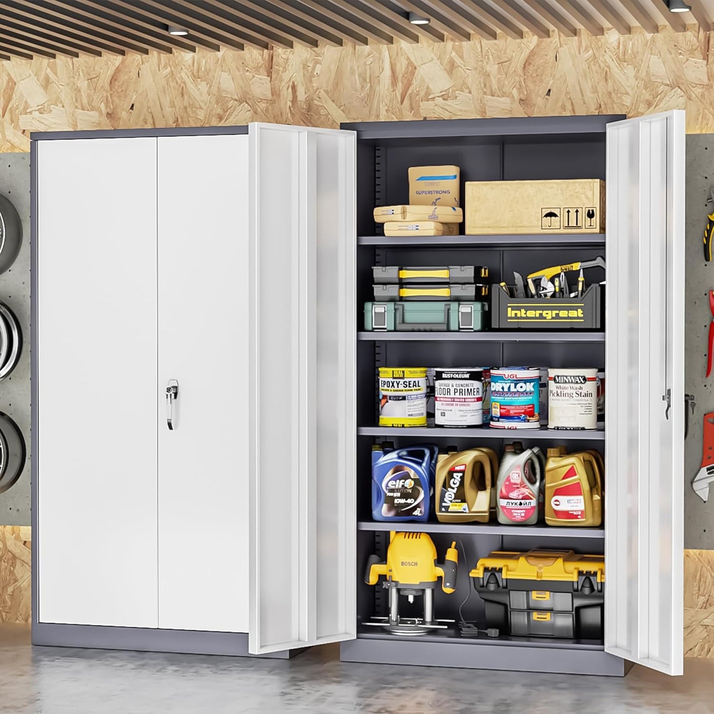 INTERGREAT Storage Cabinets with Doors and Shelves, 72“ Steel Tool Locking Cabinet, Metal Storage Cabinet for Home Office, Warehouse, School, Grey White