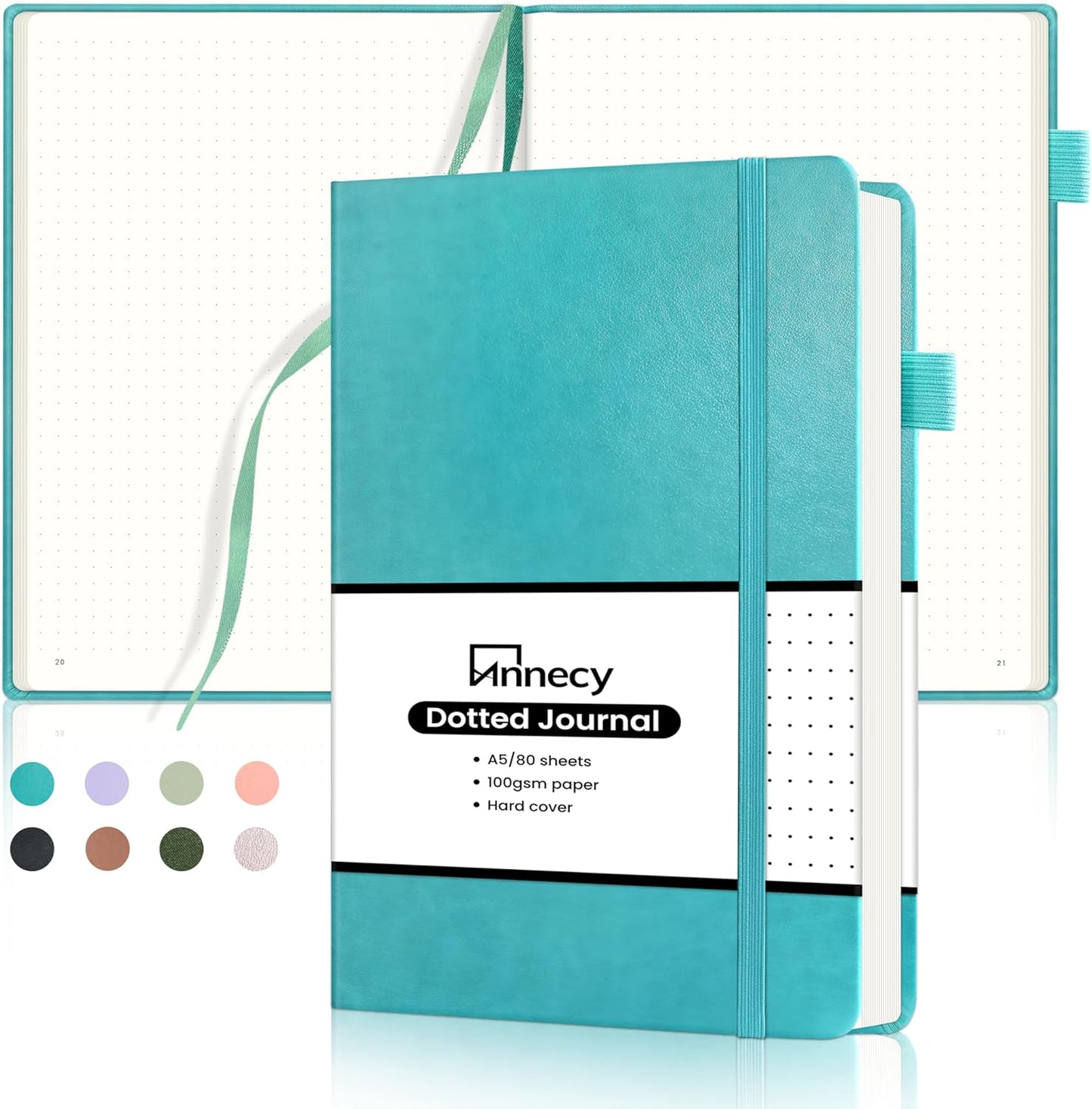 Annecy Numbered Bullet Dotted Journal Notebook, Medium 5.5x 8.25, 160 Pages 100GSM Writing Paper, A5 Turquoise Faux Leather Cover with Pen Loop