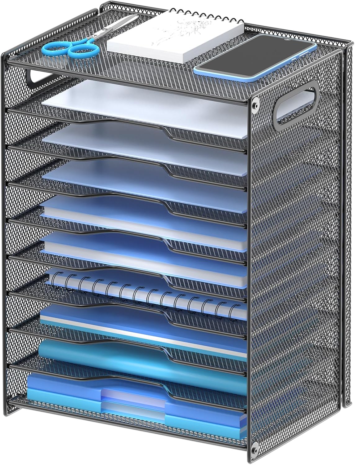 OUTWOLF 10 Tier Paper Organizer - Letter Tray Mesh Desk File Organizer with Handles for Office School Desktop, Black