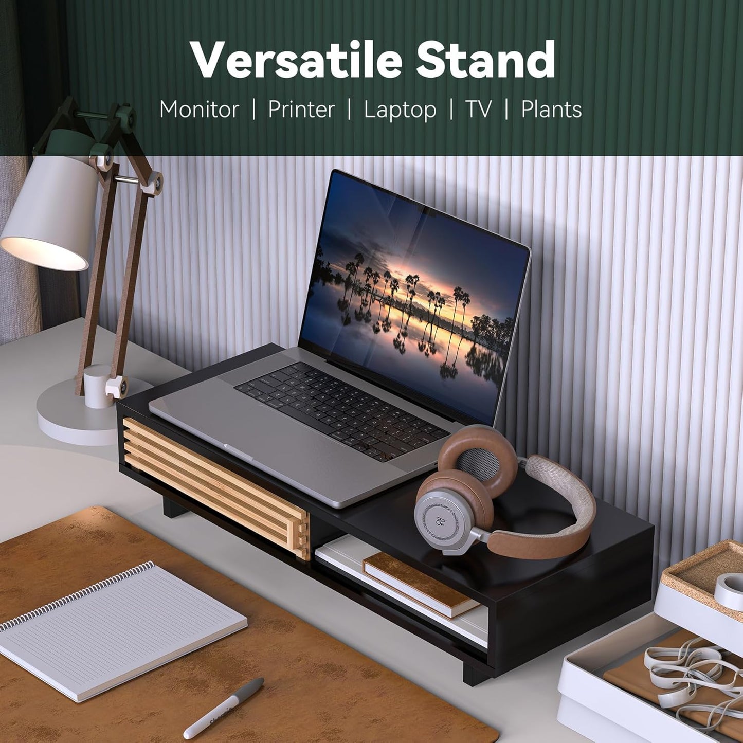 Monitor Stand Riser with Sliding Door, Computer Laptop Stand Desk Shelf Organizer with Storage (Black + Natural Bamboo, 25 Inch)