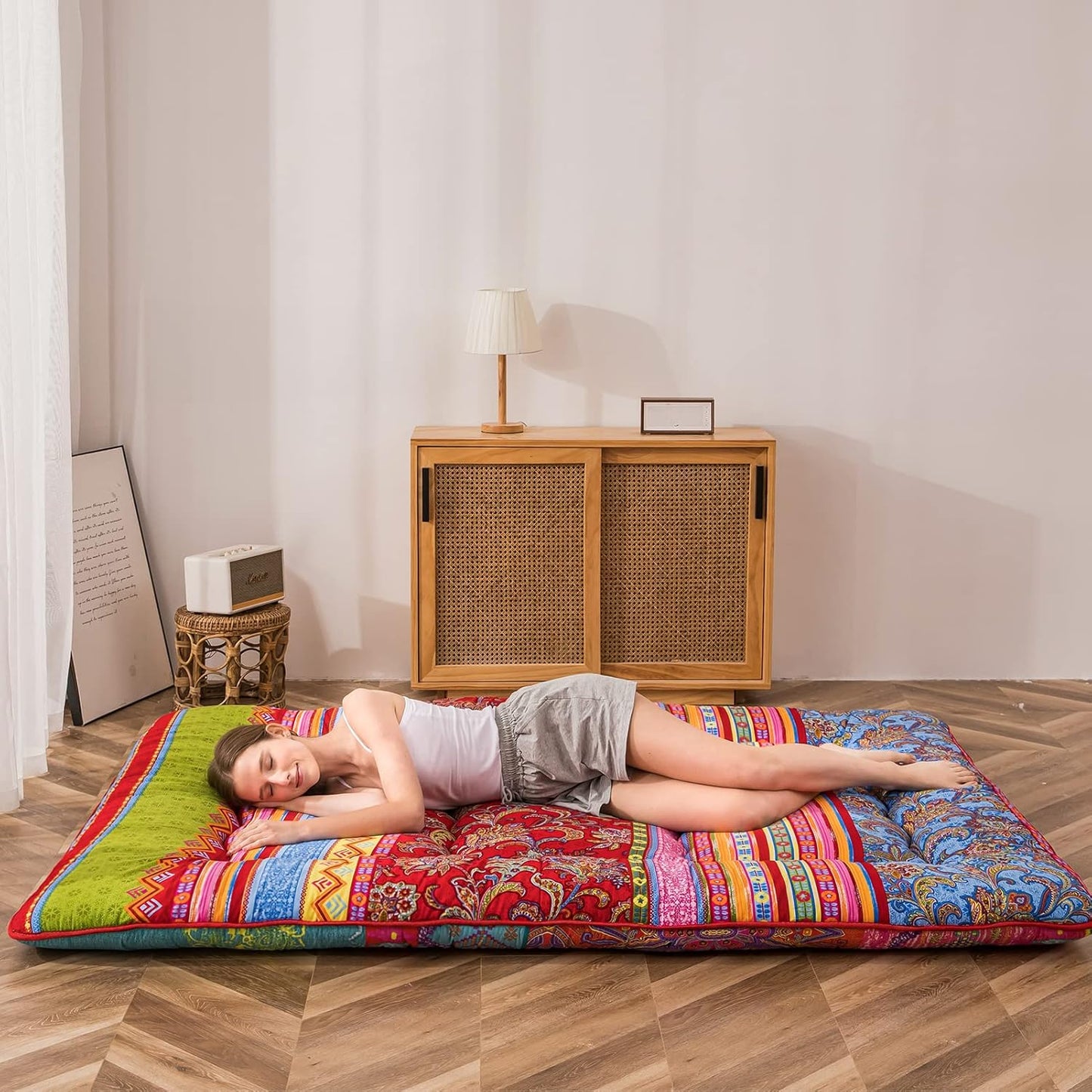 MAXYOYO Bohemian Retro Floor Mattress Vintage Floral Japanese Futon Mattress Roll Up Thicken Sleeping Bed Portable Camping Mattress Floor Lounger Couch Bed Mattress Pad, Twin Size
