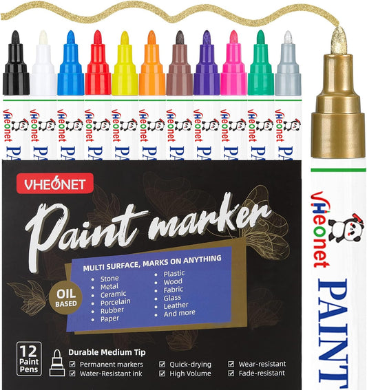 Oil Based Paint Pens and Markers, 12 Pack Permanent Quick-Dry Paint Markers for Rock Painting, Metal, Glass, Fabric, Wood, Plastic, Ceramic, Stone - Waterproof Art Supplies for DIY Crafts (12 Colors)