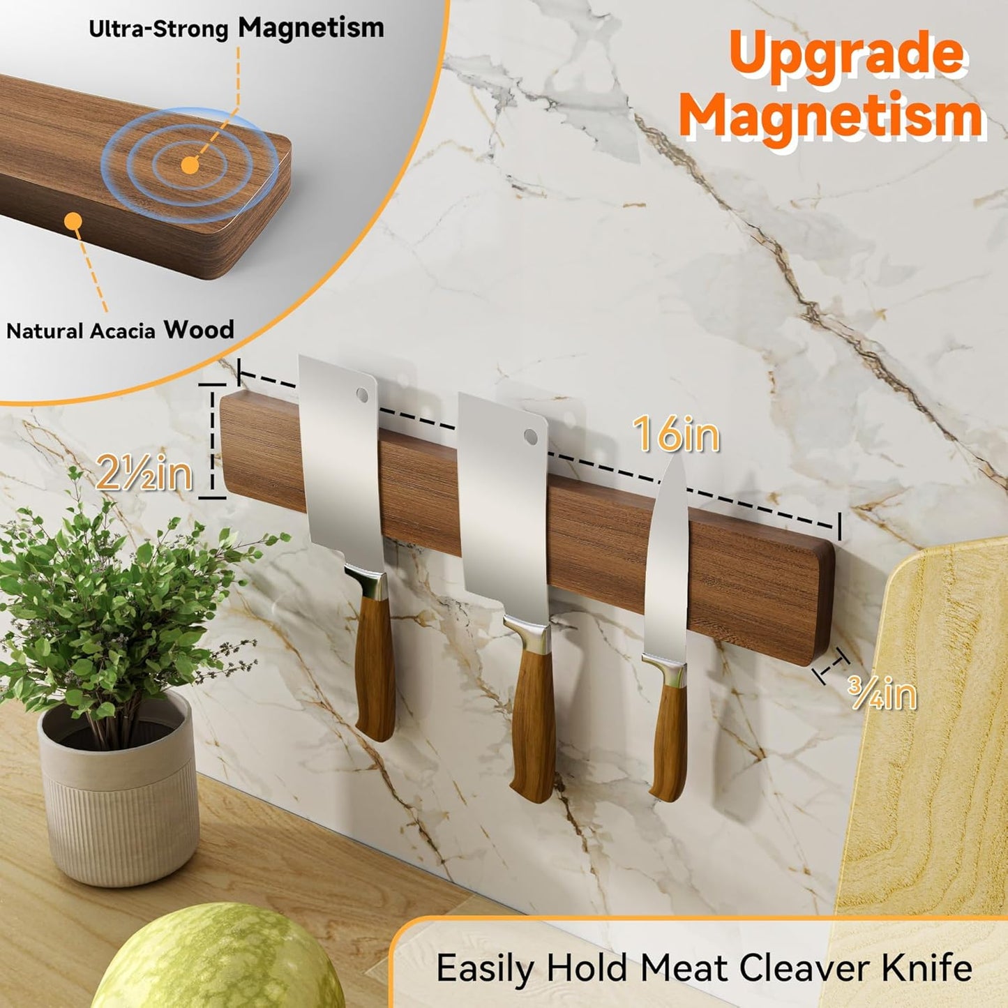 Magnetic Knife Holder for Wall, Acacia Wood Knife Magnetic Strip No Drill Knife Magnet Storage Bar Magnetic Tool Key Holder Strip for Kitchen Utensil Organizer (Dark Brown, 16 Inch)