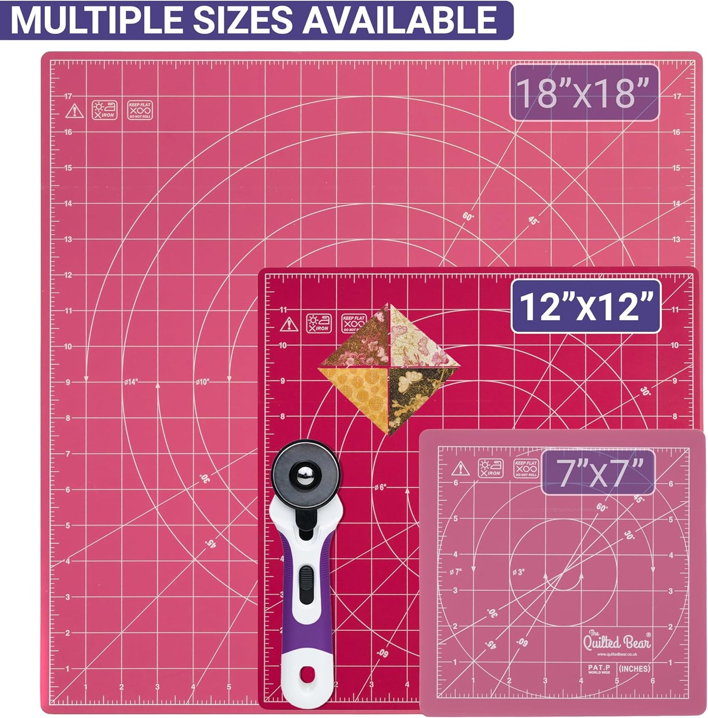 The Quilted Bear Rotating Cutting Mat 12" x 12" - Locking & Rotating Self Healing Cutting Board for Sewing, Fabric & Quilting - 360 Degree Sewing Supplies Mat for Craft Table (Pink)