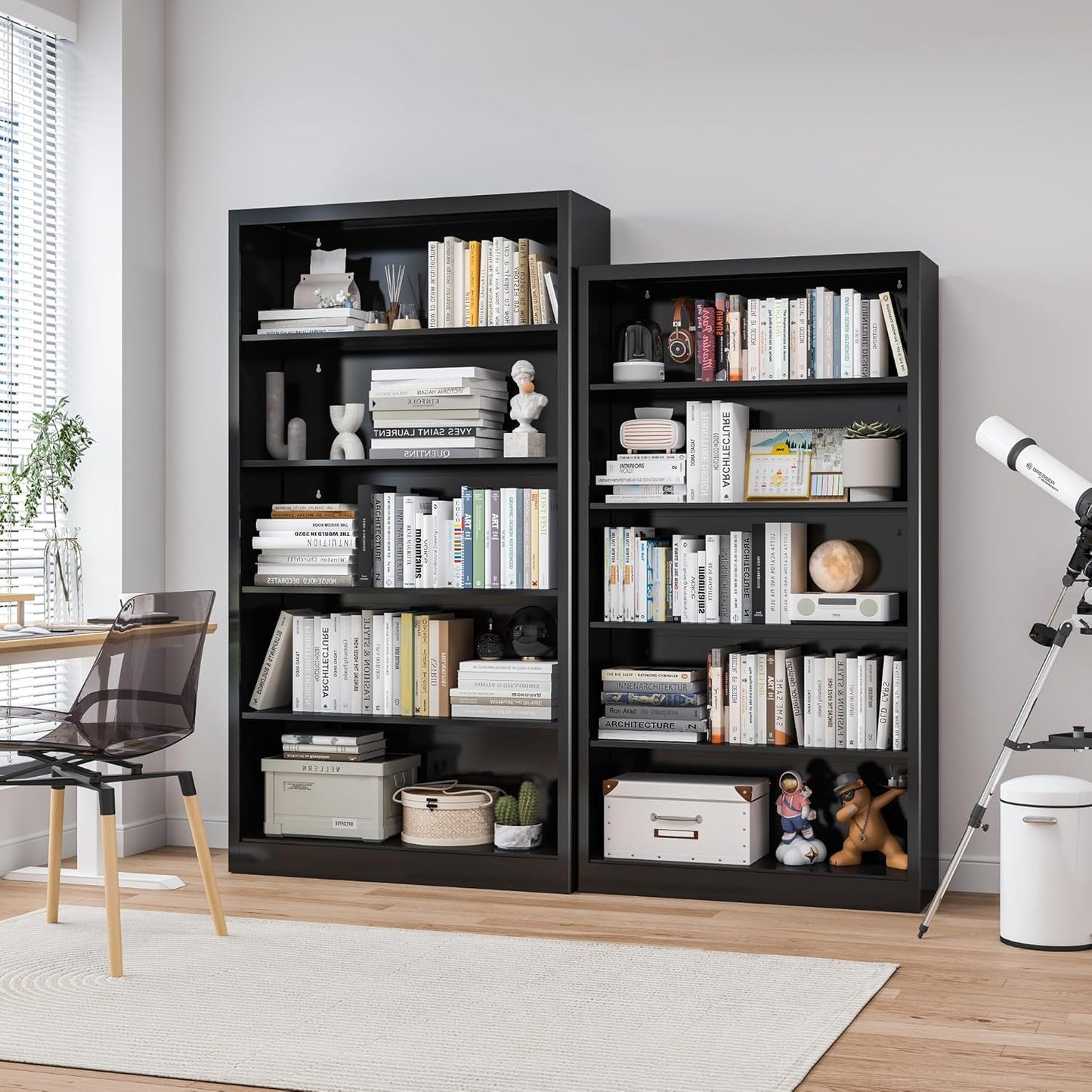 Metal Bookshelf, Adjustable Bookshelves and Bookcases, 5 Shelf Bookcase with Backboard, Black Book Shelf Book Cases for Office, Living Room, Bedroom, Home, Library