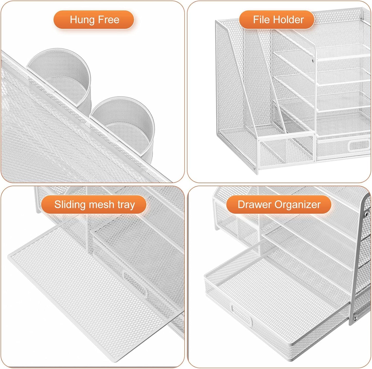 Marbrasse Desk Organiser with File Holder, 5-Tier Paper Letter Tray Organiser with Drawer and 2 Pen Holder, Mesh Desktop Organizer and Storage with Magazine Holder for Office Supplies(White)