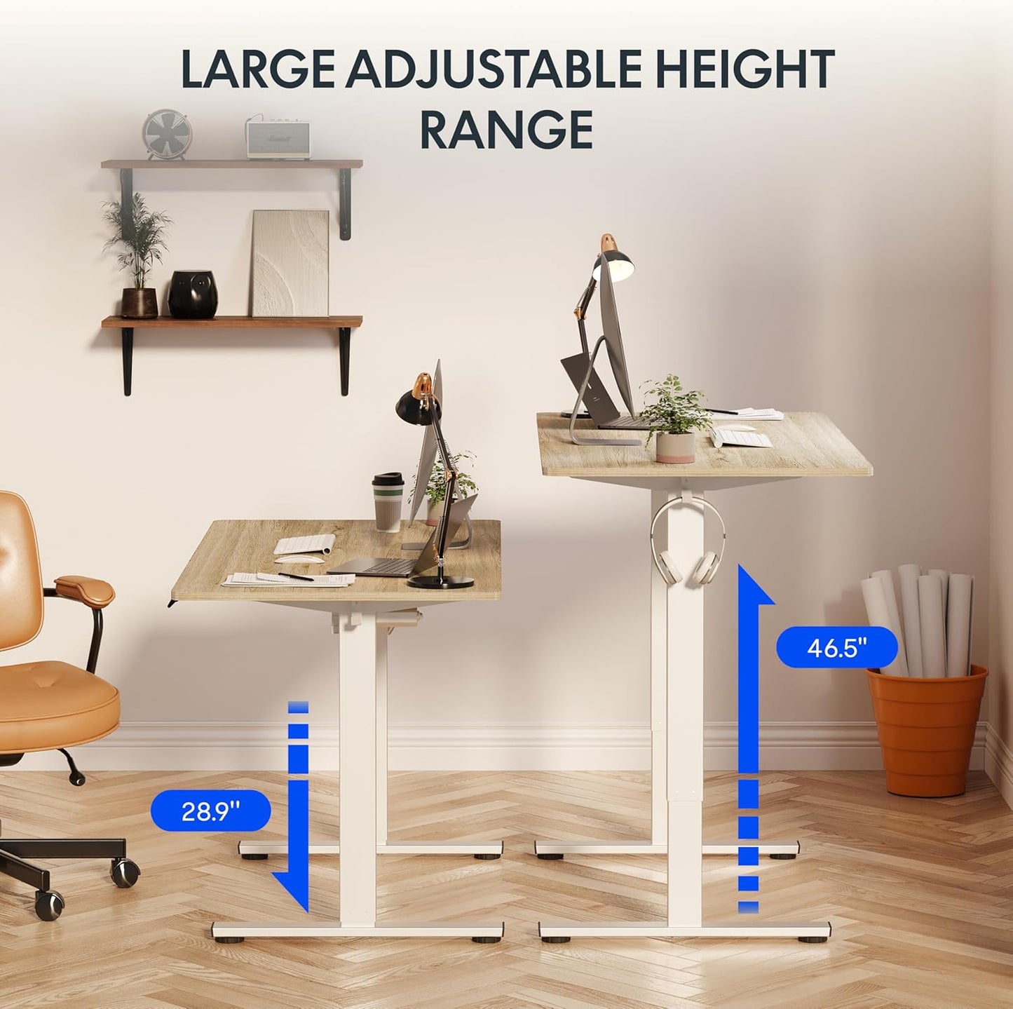 FLEXISPOT EN1 One-Piece Standing Desk, 48 x 24 Inches Electric Height Adjustable Desk for Home Office (White Frame + White Wood Grain Desktop)