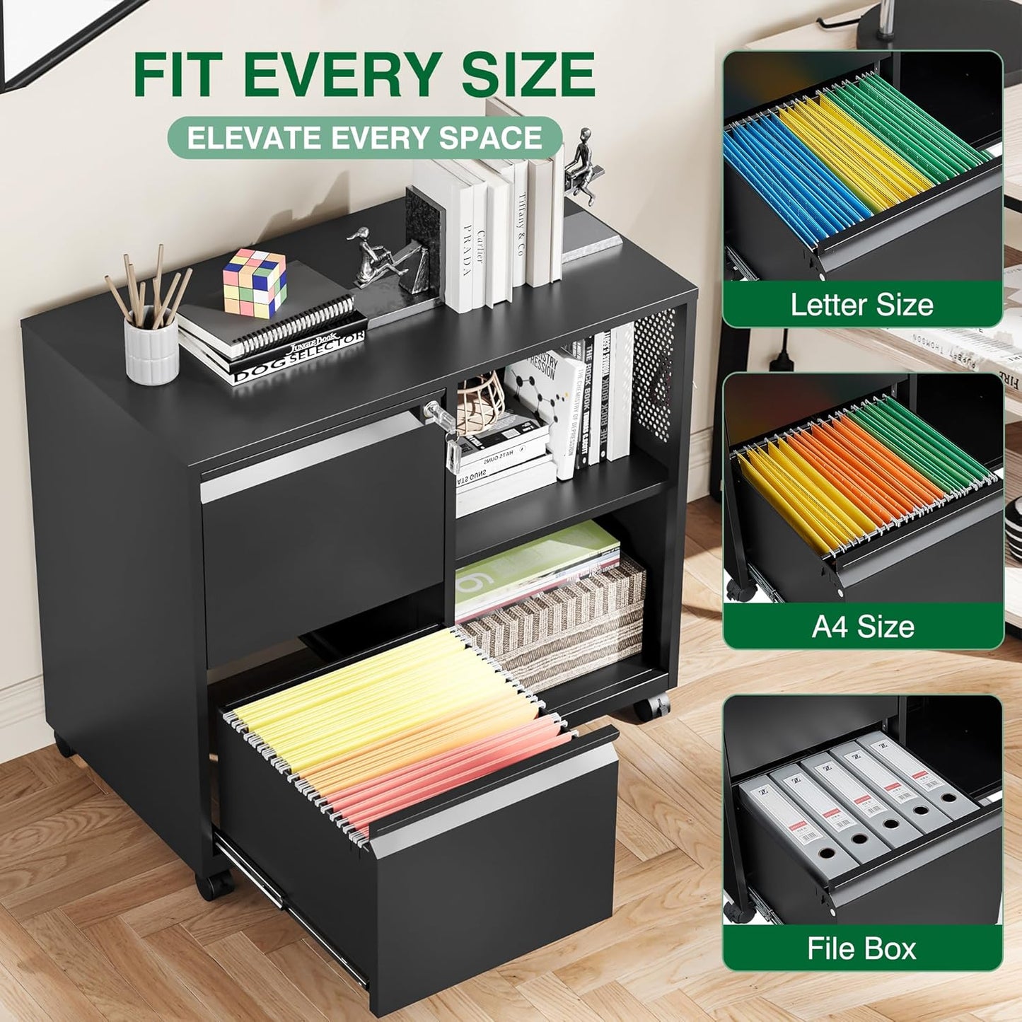 Mobile Lateral File Cabinet,2 Drawer Filing Cabinet with Lock fits A4/F4 or Letter Size for Home Office,Metal Rolling Printer Stand with Open Storage Adjustable Shelves(Black)