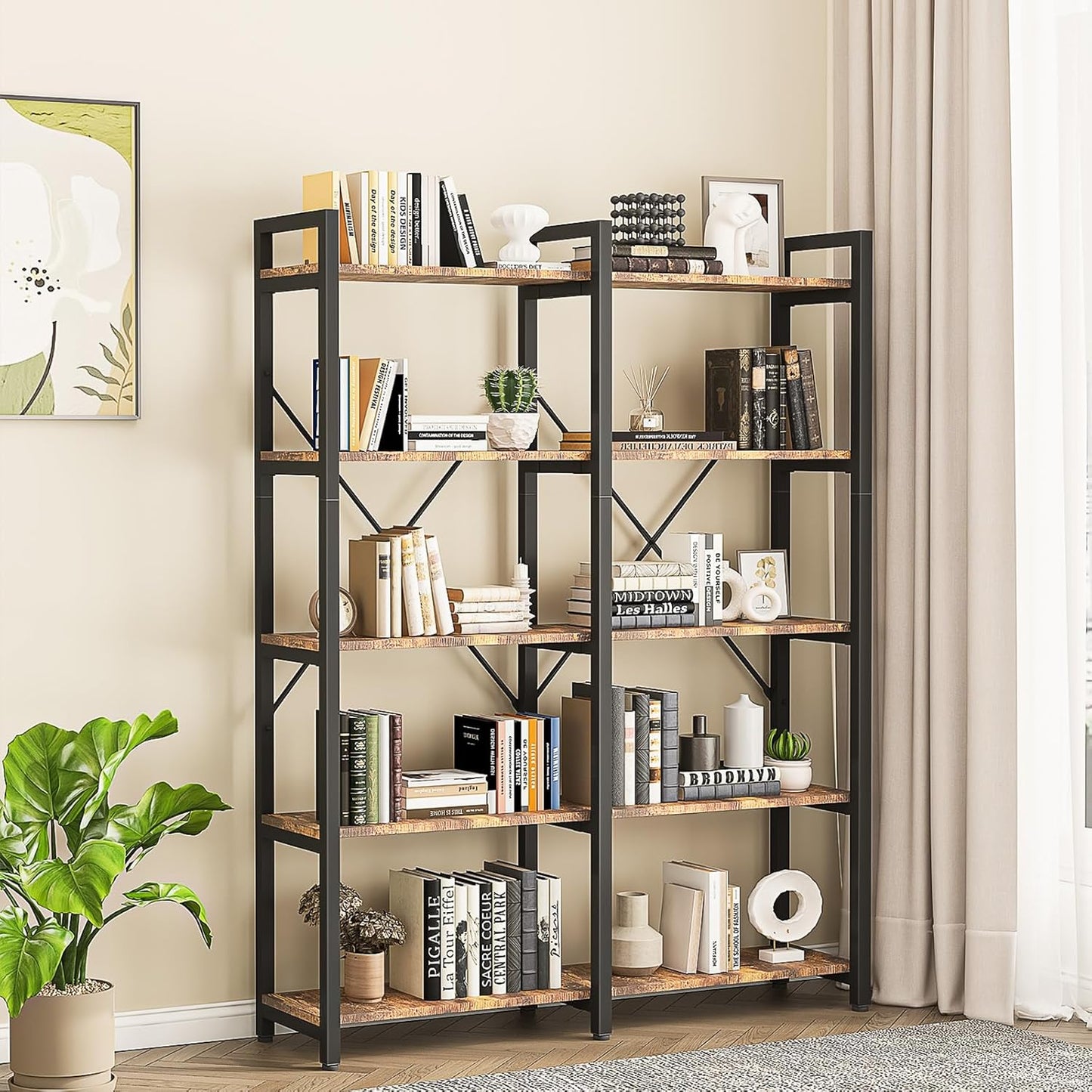 oneinmil 5 Tier Bookshelf Set of 2, 58.7'' Industrial Book Shelf, Wooden Bookshelves with 10 Open Display Shelves, Vintage Storage Rack, Standing Wide Bookcase for Home and Office, Rustic Brown