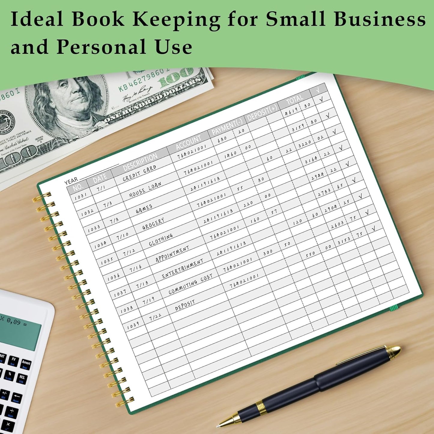 Accounting Ledger Book for Small Business & Personal Use, Horizontal Expense Tracker Notebook Ledger Book for Bookkeeping, Financial Income and Expense Log Book 10.2" x 8", Dark Green