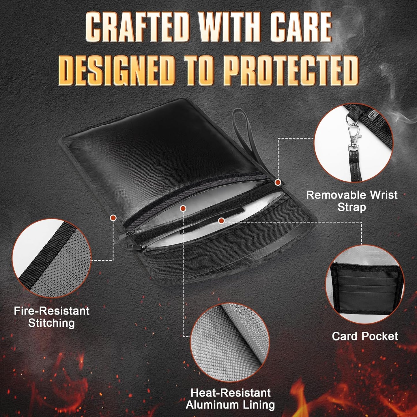 Upgraded Fireproof Document Bag Set with Lock, 6200°F Fire Resistance & Reflective Design, Dual Bag Set with Zipper (14.7"x11.5" & 11.1"x7.4") for Cash, Passport & Money Pouch