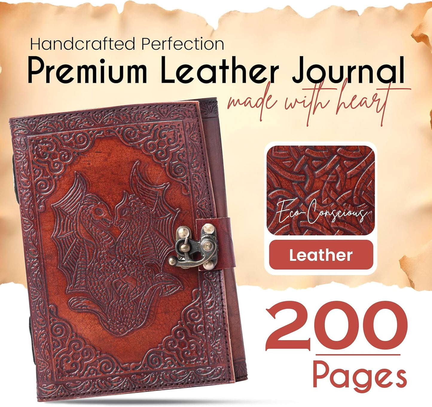 Twin Dragon Embossed Vintage Leather Journal – Book of Shadows Spell Book with Clasp Lock – 200 White Page Antique Deckle Edge Paper – Aesthetic Writing Diary Gift for Men & Women