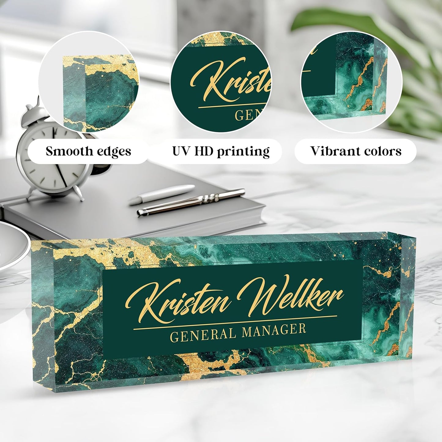 Custom Office Name Plate for Desk, Desk Name Plate Personalized, Personalized Gifts for Women, Appreciation Gifts for Employee Coworkers Boss Teacher, Office Accessories (Green gilding)