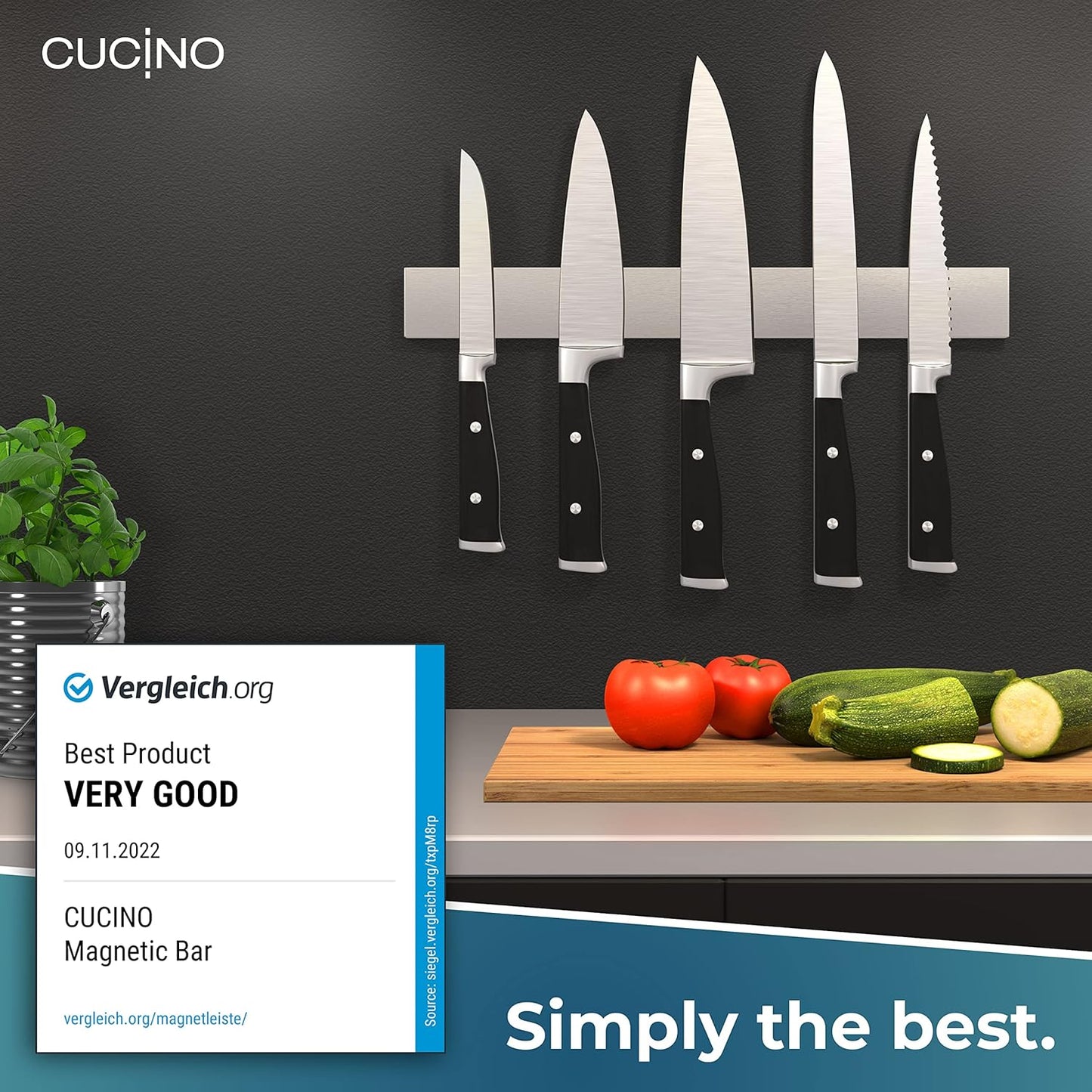 CUCINO Magnetic Knife Holder for Wall 16" - No Drilling incl. Self Adhesive Tape - Extra strong Magnet - Awarded Strip - Made of Stainless Steel