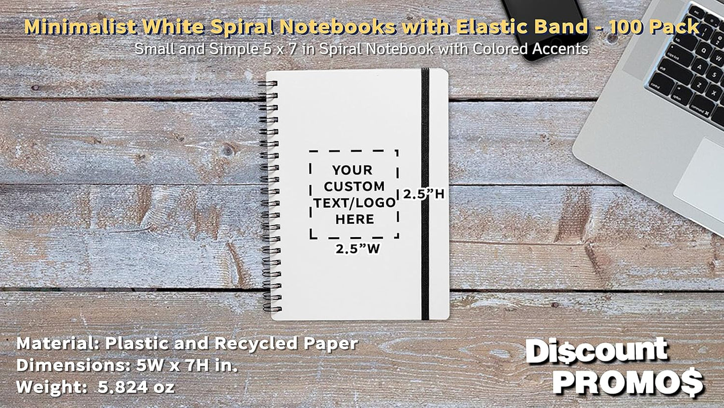 100 White Spiral Notebooks with Elastic Band Pack - Customizable Text, Logo - 80 lined pages, Recycled - Black