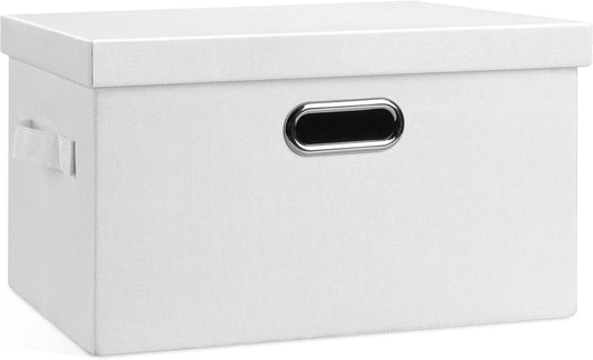 Medium 15" 21 Quart Collapsible Stackable Storage Bins with Lids, 1 Pack White Foldable Fabric Closet Storage Boxes with Lids, 4 Handles Heavy-duty Linen Cube Baskets for Bedroom