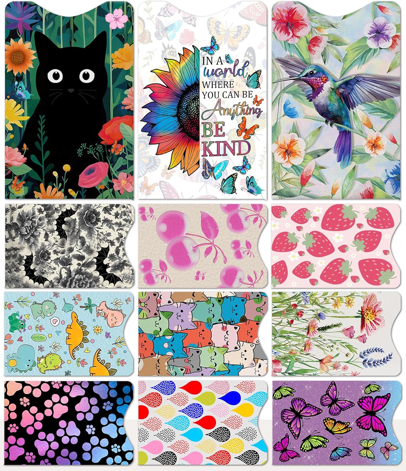 12 PCS RFID Blocking Sleeves, Credit Card Holder for Women Men Protect Cards Identity from Electronic Theft Travel Case Set (Black Cat Flower)