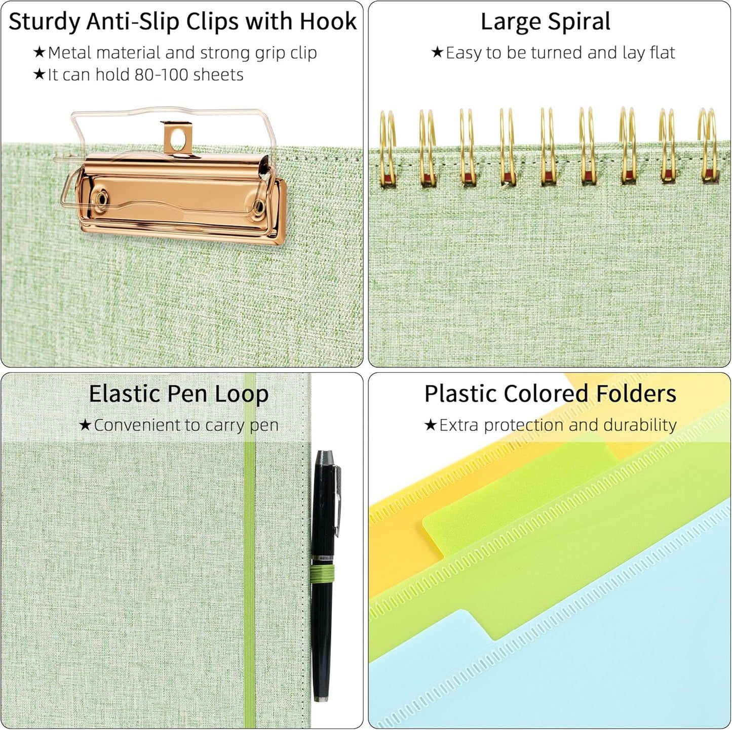 Ospelelf Green Foldable Spiral Clipboard Folio with Storage Zipper Pouch, 5 Plastic Folders with 10 Pockets, Refillable Lined Notepad (11" x 8.5"), Linen Hardcover Project Organizer