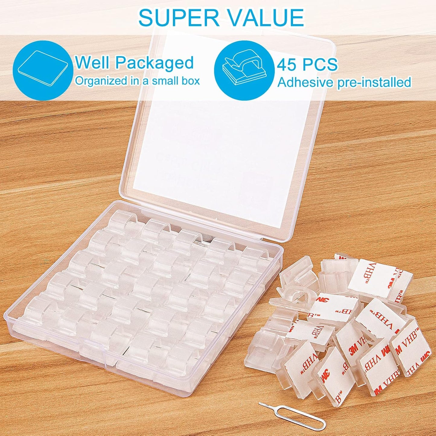 Adhesive Cable Clips Cord Organizer Clear (45 PCS, Large), Outdoor Light Clips for Christmas String Lights, Wall Wire Holder Clips for Ethernet Cable Management Under Desk, Led Light Hooks