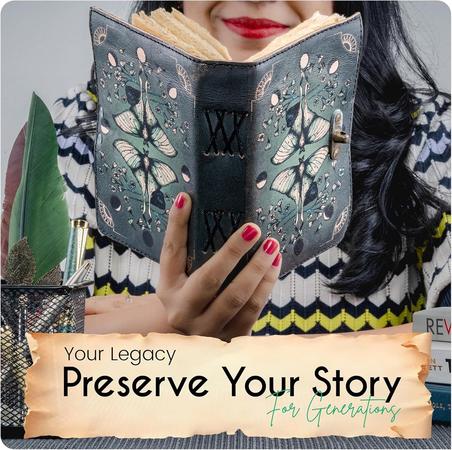 Blank Spell Book of Shadows Leather Journal Diary – Luna Moths and Morpho Butterfly Bound Journal with Clasp Lock – 200 Page Deckle Edge Vintage Notebook for Writing, Home, Office, Travelling