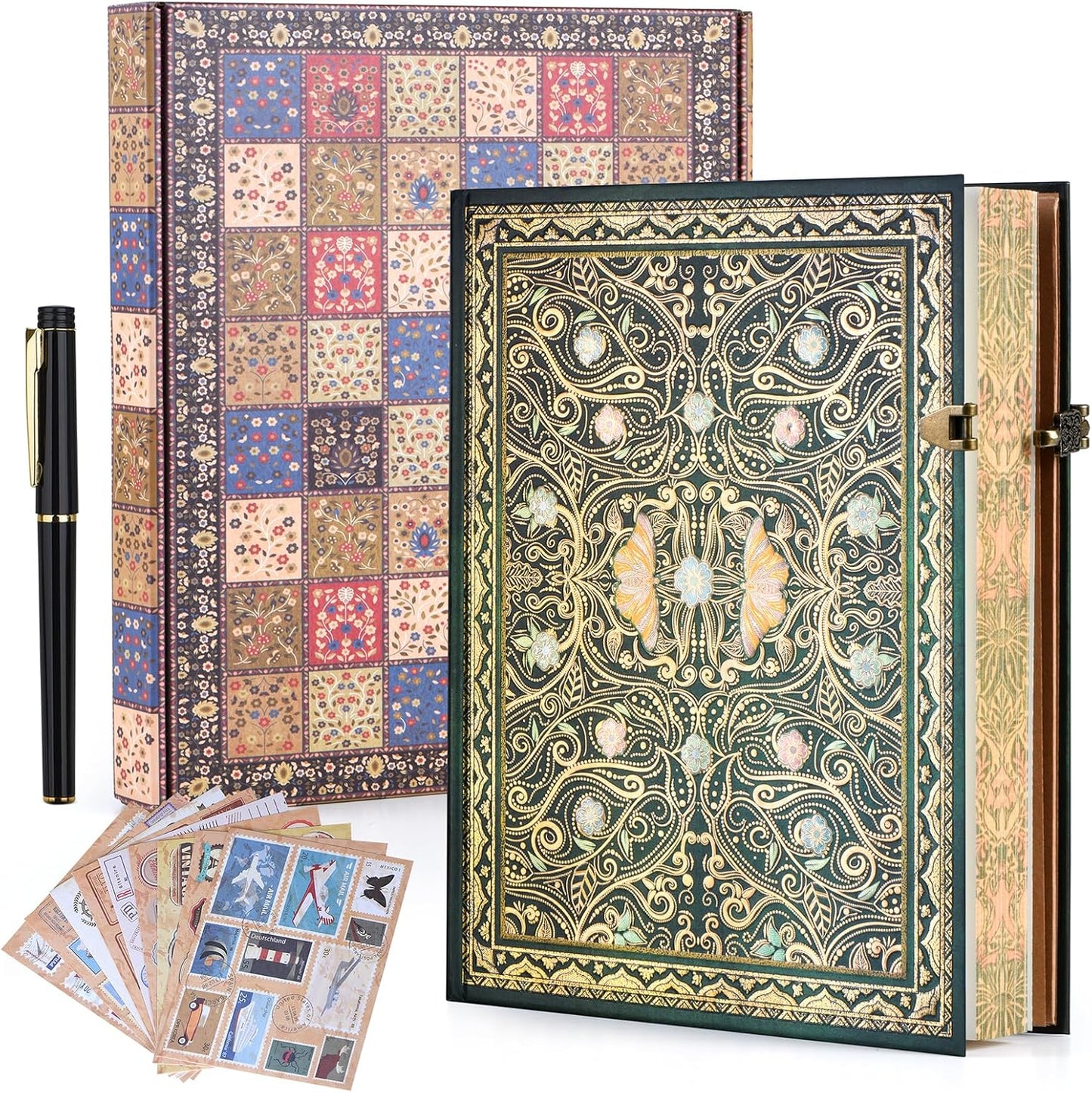 Retro 3D Jade Dream Butterfly Hot Stamp Hardcover Journal – 192 Blank Lined Pages w/Envelope Pocket - Luxury Travel Diary & Commemorative Keepsake for Cherished Moments