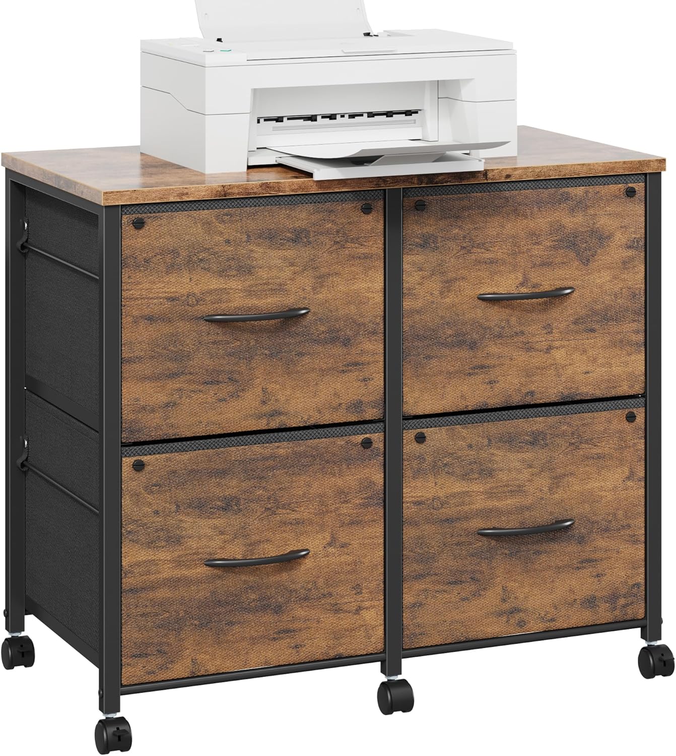 Lateral File Cabinet 4 Fabric Drawer, Mobile Filing Cabinet for Large Printer, Home Office Functional Small Office Storage Cabinet & Printer Stand, Fits A4/Letter Size, 30.4''W, Rustic Brown