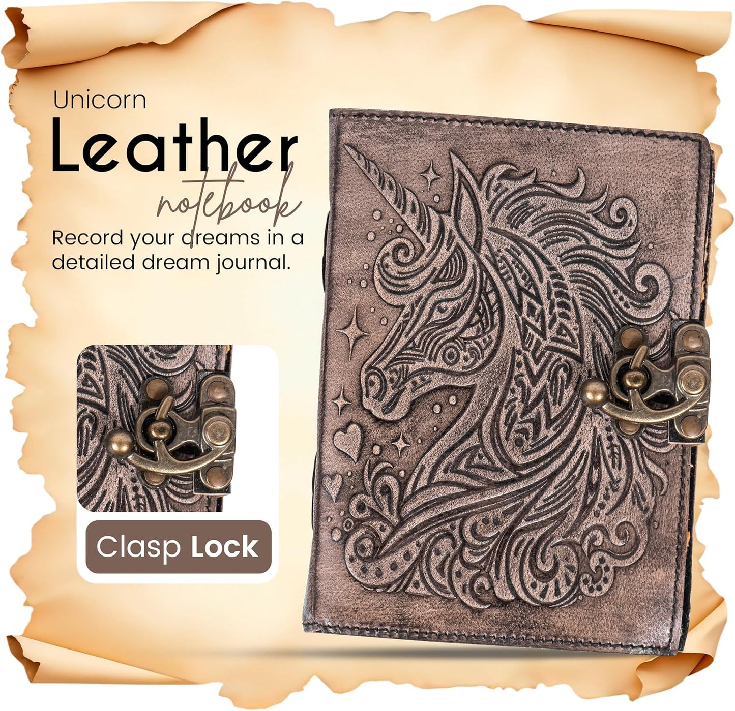 Unicorn Notebook of Shadows Leather Bound Journal with Vintage Clasp Lock – 200 Page Antique Deckle Edge Leather Notebook – Aesthetic Unicorn Journal Daily Diary for Men & Women