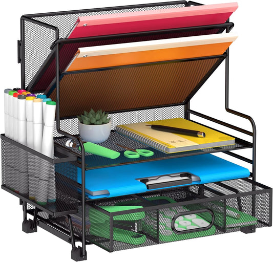 5 Tier Desk Organizer with Drawer & Pen Holders, Desk File Organizer Letter Tray Paper Organizer, Black