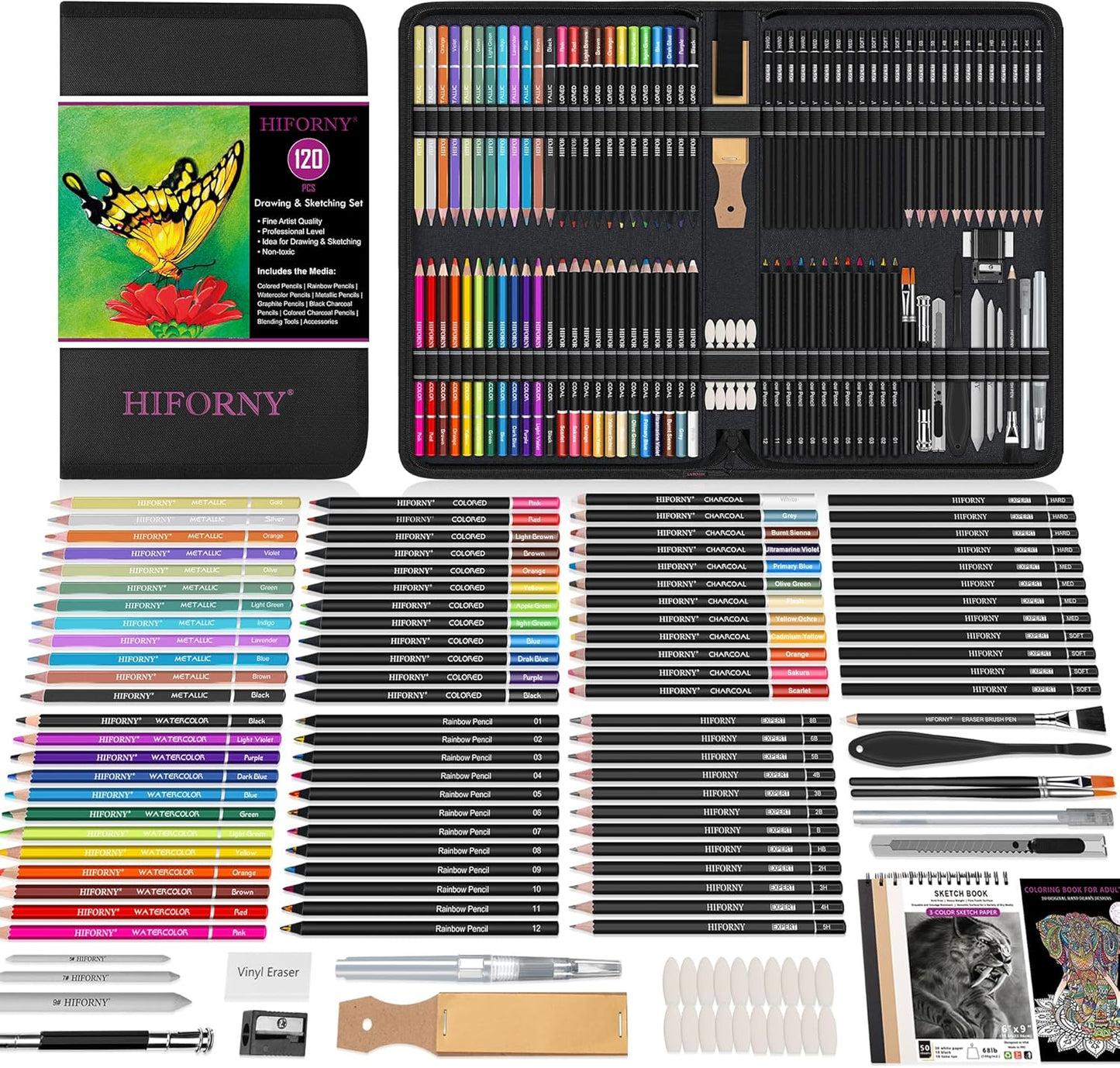 HIFORNY 120 PCS Drawing Set Sketching Kit, Art Supplies with 3-Color Sketchbook,Coloring Book,Rainbow,Colored,Watercolor,Metallic,Graphite,Black & Colored Charcoal Pencils,Blending Tools and More