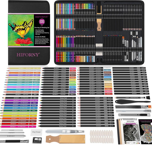 HIFORNY 120 PCS Drawing Set Sketching Kit, Art Supplies with 3-Color Sketchbook,Coloring Book,Rainbow,Colored,Watercolor,Metallic,Graphite,Black & Colored Charcoal Pencils,Blending Tools and More
