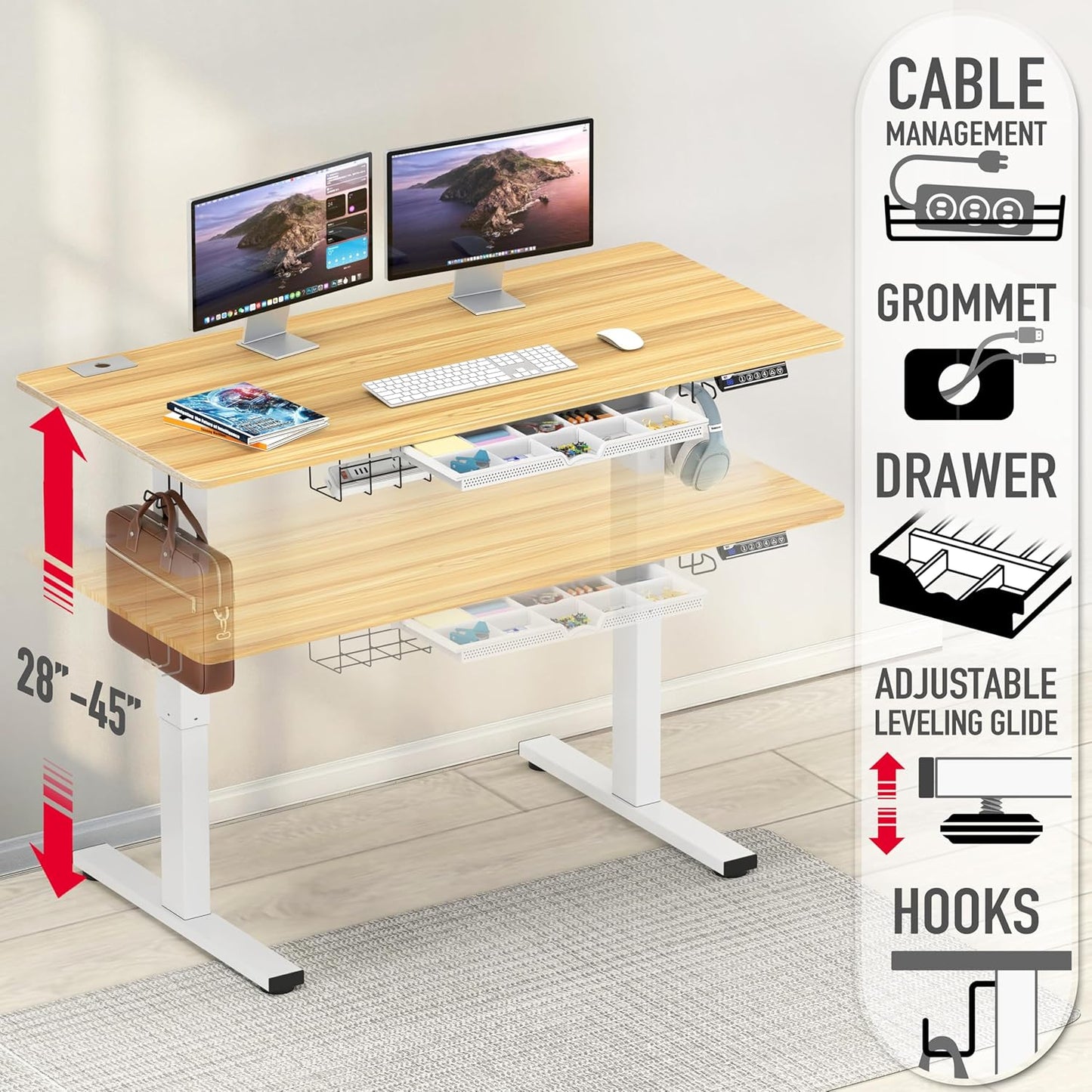 SHW 40-Inch Electric Height Adjustable Standing Desk with Drawer, Memory Preset and Cable Management Tray, Oak
