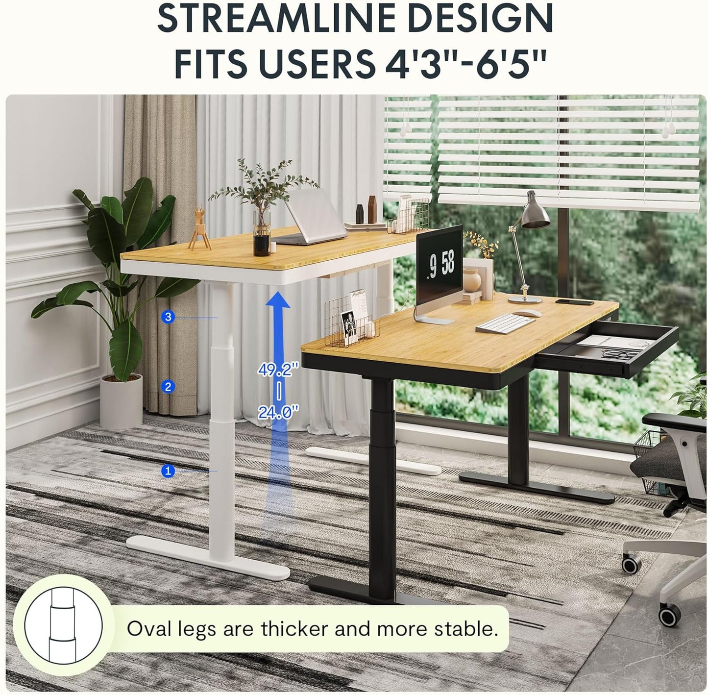 SANODESK Standing Desk with Drawer,Dual Motor 3 Stage Electric Height Adjustable Home Office Desk with Storage & Wireless Charging, 55 inch Bamboo Tabletop/Black Frame