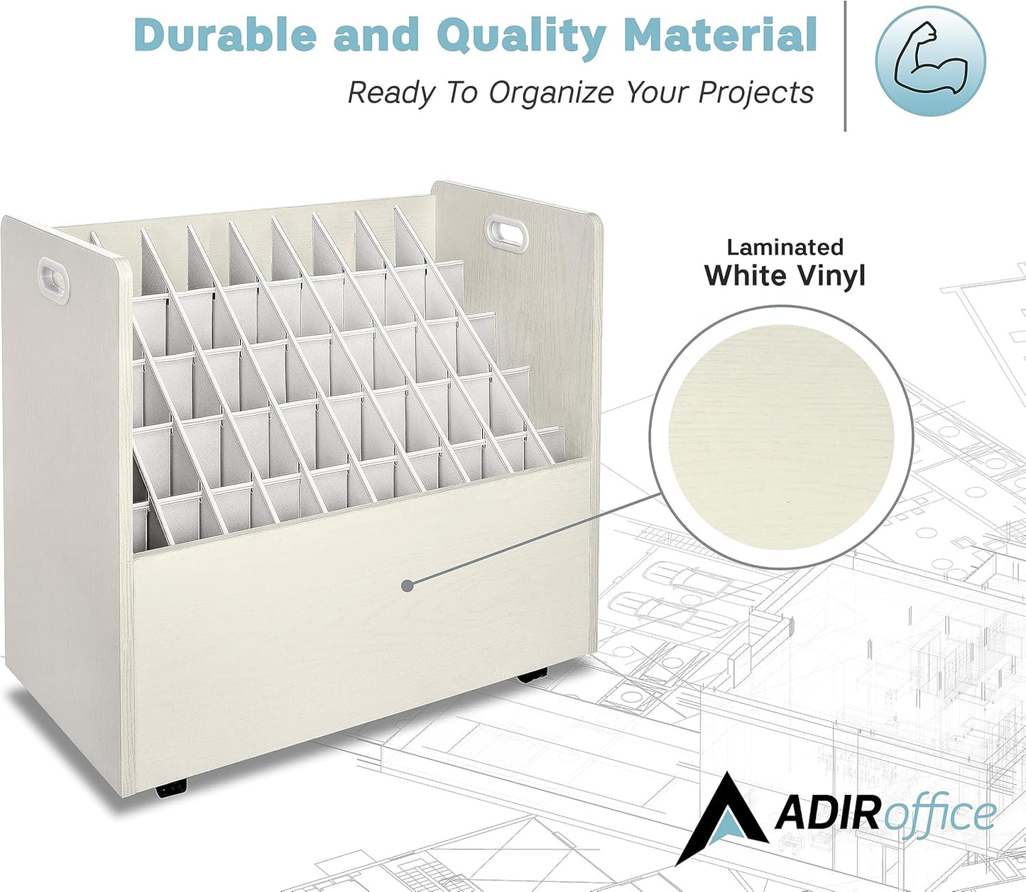 Adir Blue Print Storage Organizer - Mobile Roll File Cart, Construction Plan Holders, Blueprint Cabinet with Wheels, Roll Files Storage for Office and Home (50 Slots, White)