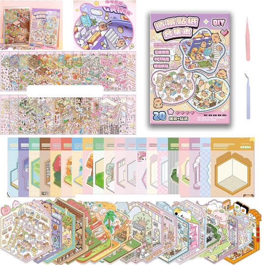 20 Sets Scene Adult Sticker Book for Adults,Book Stickers 3D Sticker Therapy 3D Scenes,Scene Stickers Include Water Park, Cake Store, Outdoor Party, Flower Store