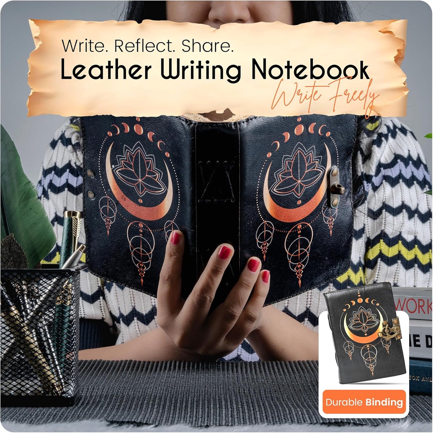 Blank Spell Book of Shadows Leather Journal with Vintage Clasp Lock – Crescent Moon Diary with 200 Page Antique Deckle Edge Paper – Wiccan Prayer Journal, Aesthetic Gift for Men & Women