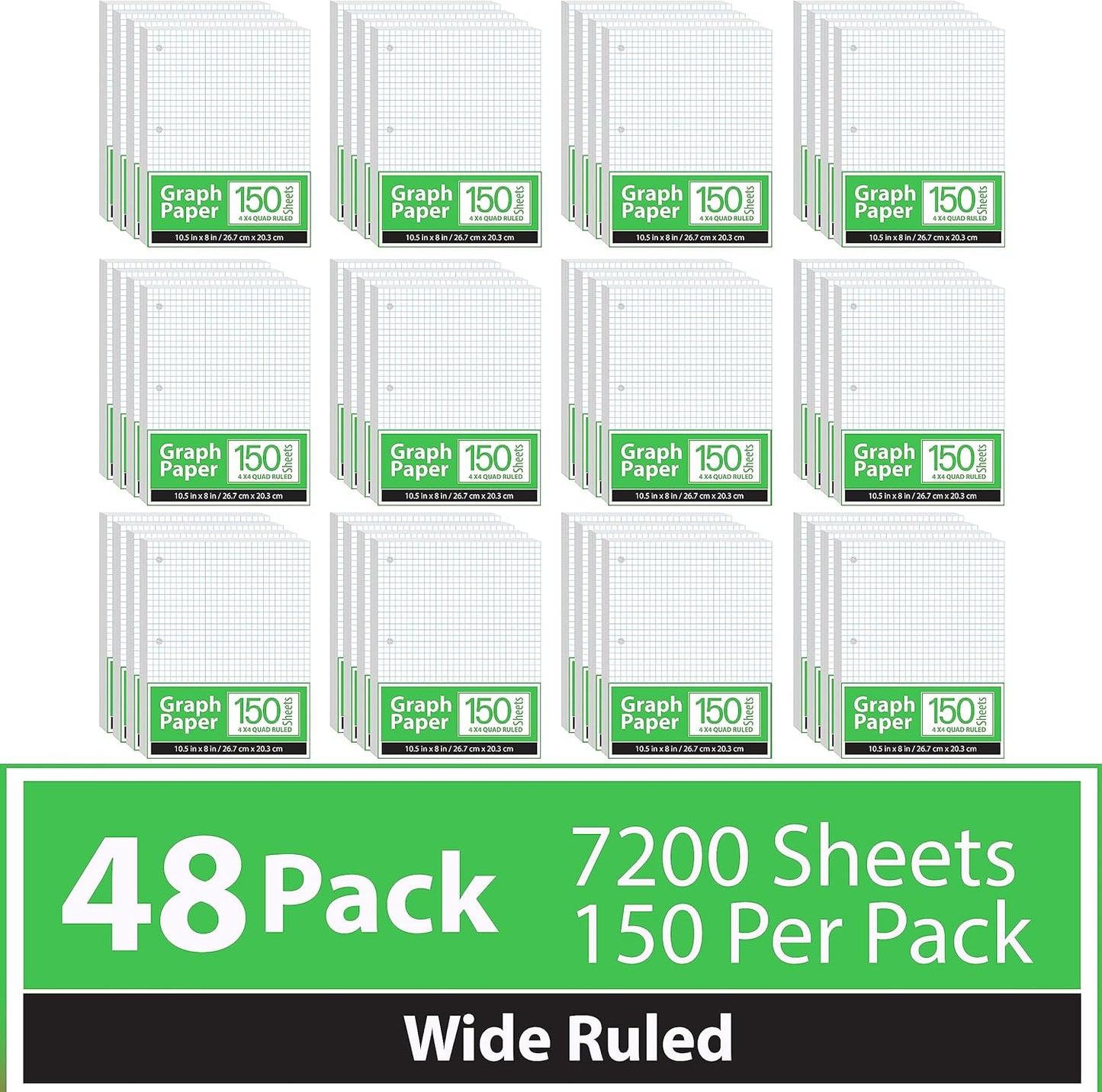 Graph Paper, Loose Leaf Graph Paper, 4 x 4 Squares Per Inch Quad Ruled Graph Paper, 10.5” x 8” Graphing Paper, 56 gsm, 150 Per Pack, 7200 Sheets (48 Pack)