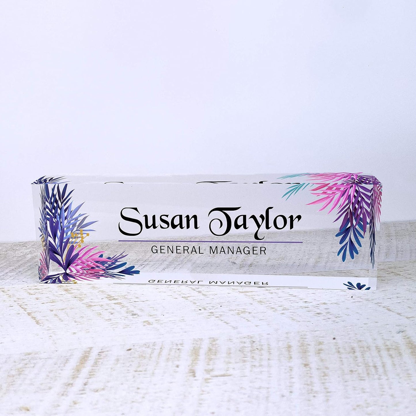 Artblox Office Desk Name Plate Personalized | Custom Name Plates for Desks | Leaf Purple Design On Clear Acrylic Glass | Office Desk Decor - (8" x 2.5")