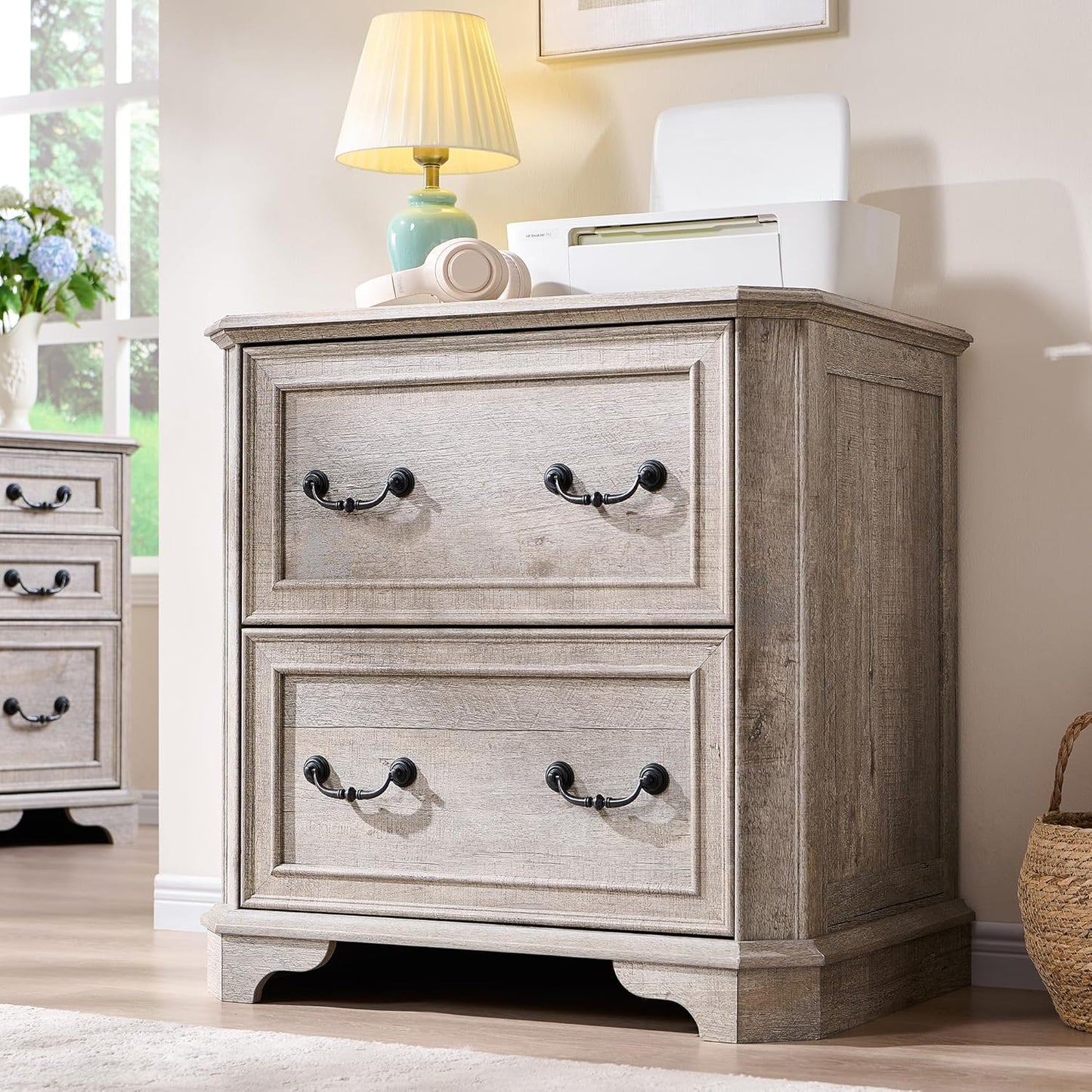 T4TREAM 2 Drawer File Cabinet-30 Wide Wooden Extended Desktop, Farmhouse Filing Cabinet with Smooth Rails, Holds Letter/Legal/A4, Hexagonal Design & Framed Drawer Fronts, Light Rustic Oak