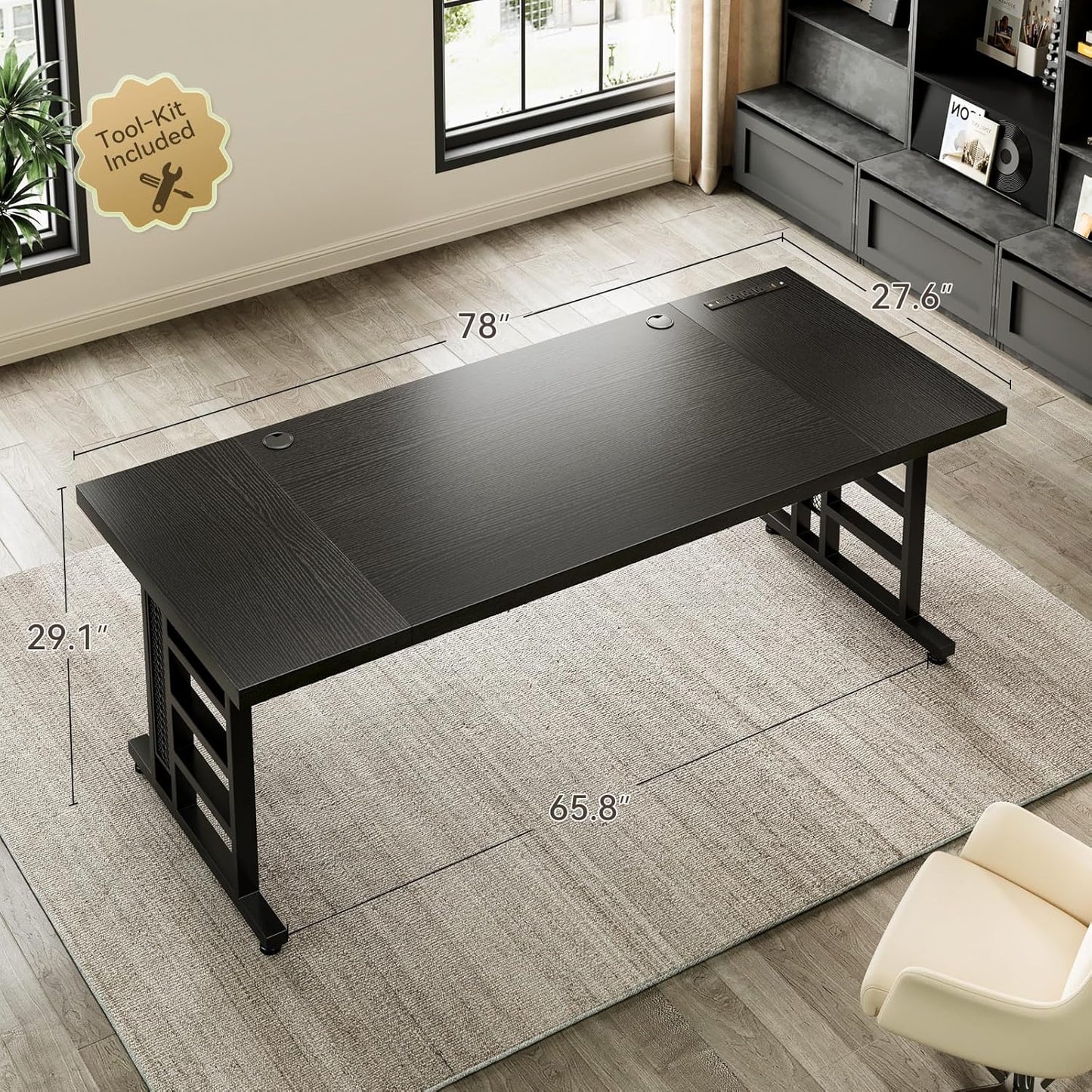 Coleshome 78 Inch Executive Desk with USB Ports, Large Computer Desk with Extra Thick, Long Mordern Office Desk, Workstation Business Furniture for Home Office, Black