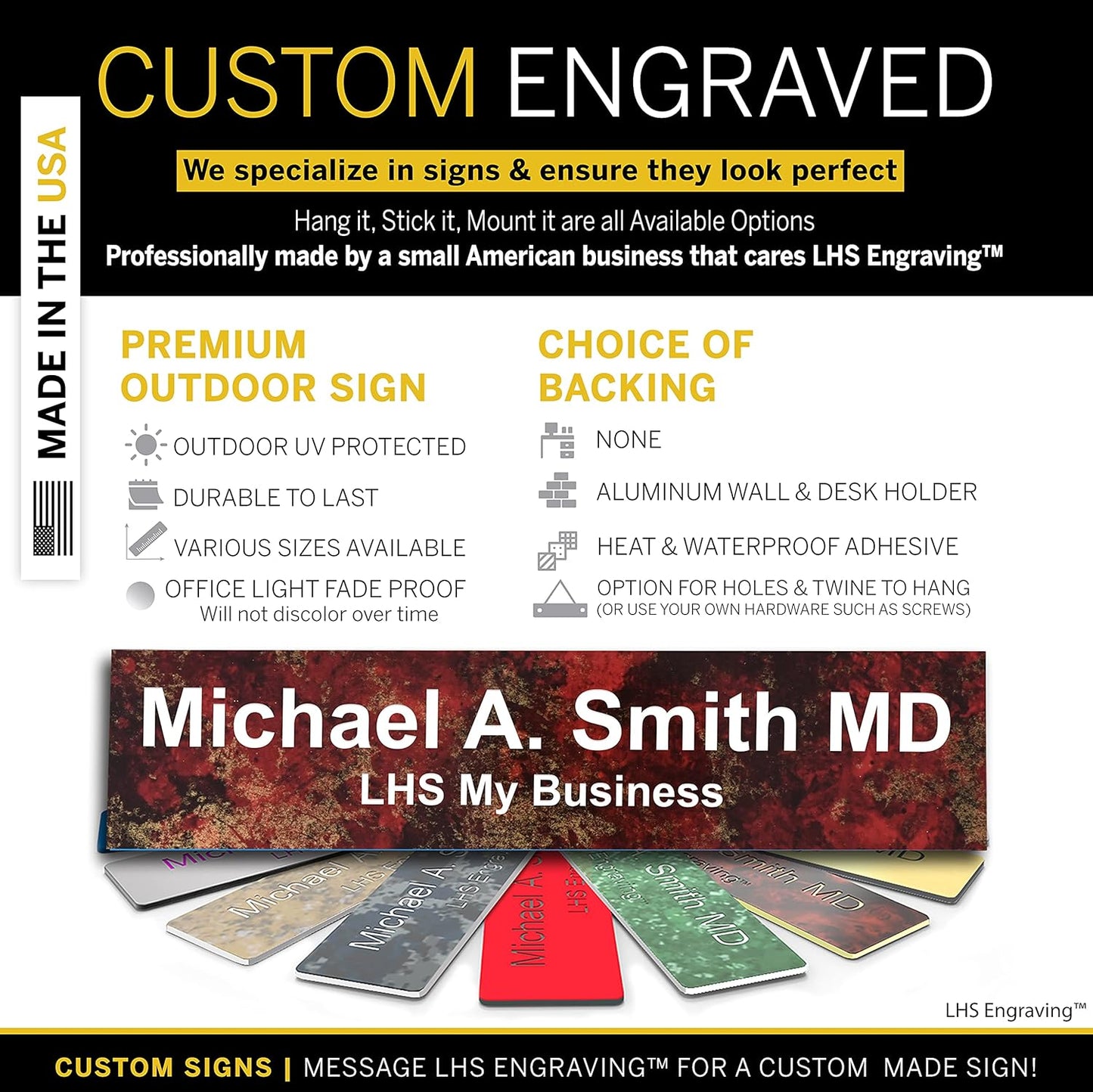 Engraved Door Signs for Office Personalized Rustico Granite Plastic Door Plaque White Letters - Made in USA 2x8 S2