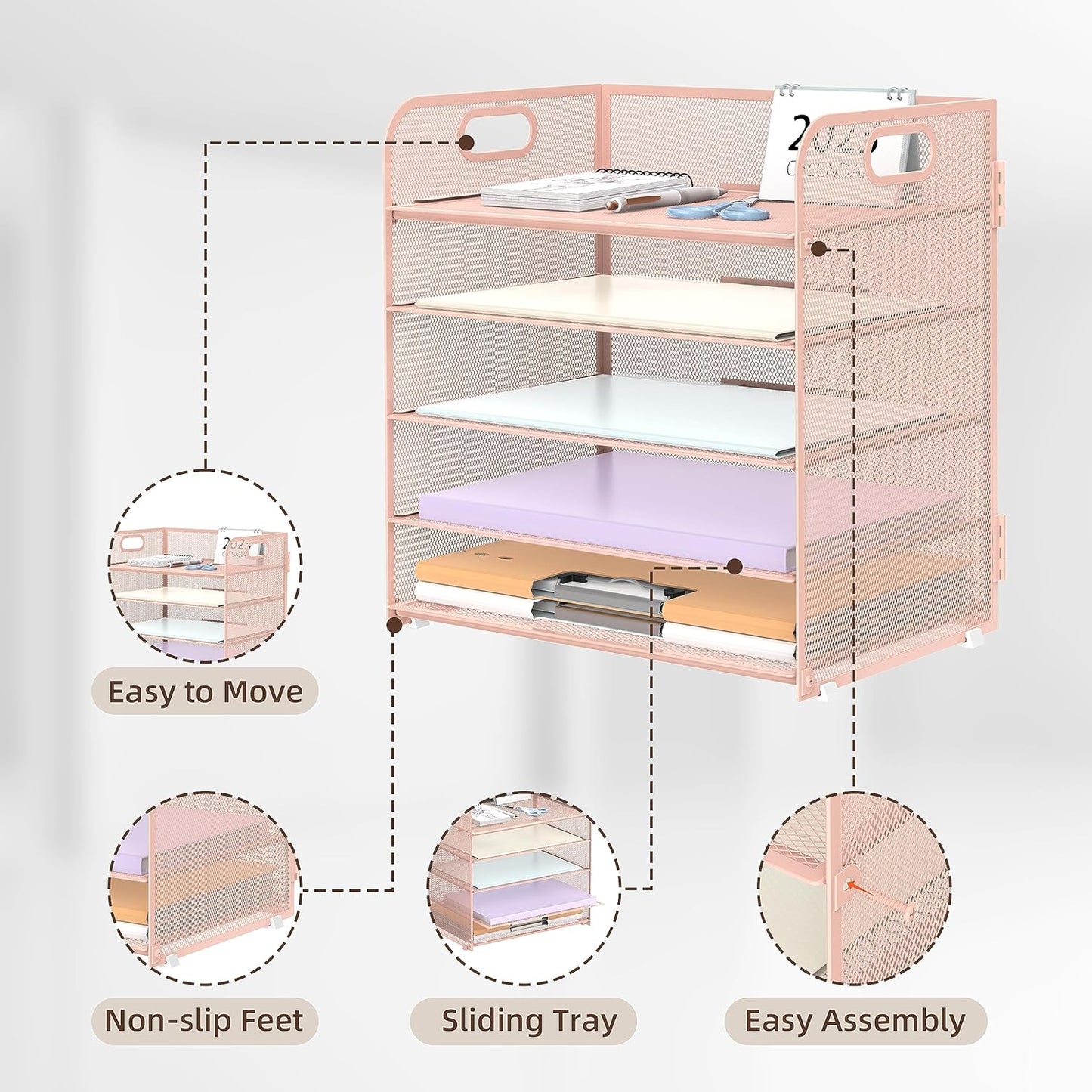 Supeasy 5 Trays Paper Organizer Letter Tray with Handle-Mesh Desk File Organizer, Paper Sorter Desk Organizer for Office, Home or School