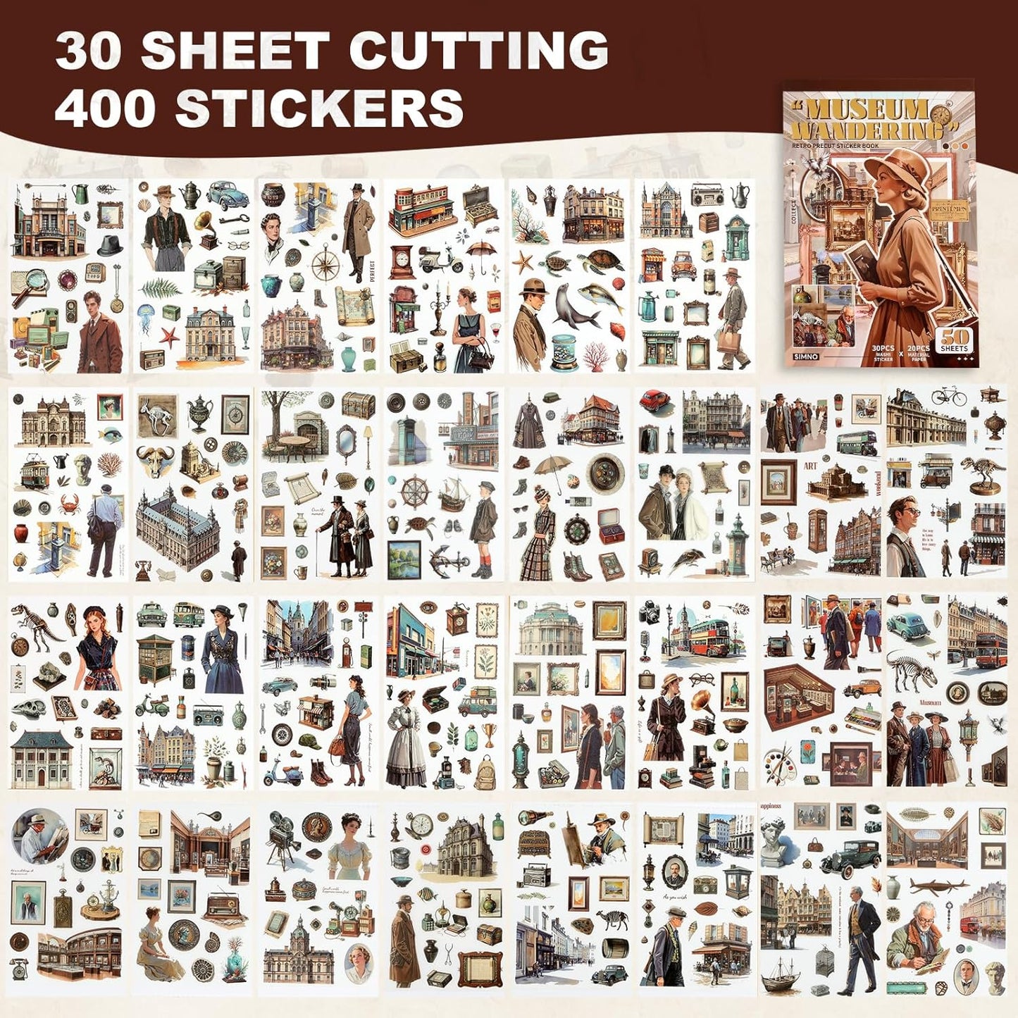 Scrapbooking Stickers 400 Pre-Cut Washi Stickers & 20 Scrapbook Papers Museum Vintage Sticker Books for journaling Scrapbooking Supplies