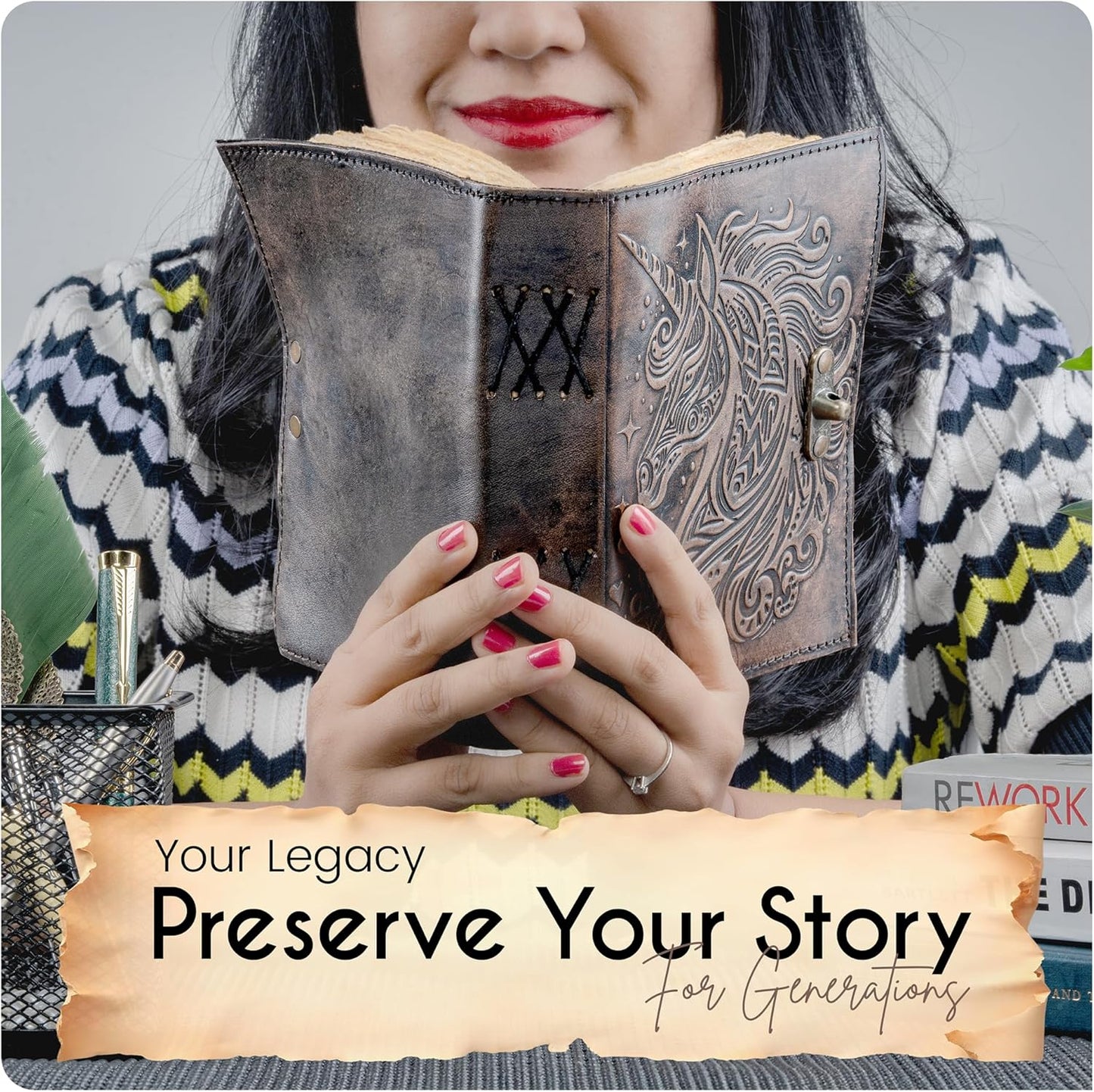 Unicorn Notebook of Shadows Leather Bound Journal with Vintage Clasp Lock – 200 Page Antique Deckle Edge Leather Notebook – Aesthetic Unicorn Journal Daily Diary for Men & Women